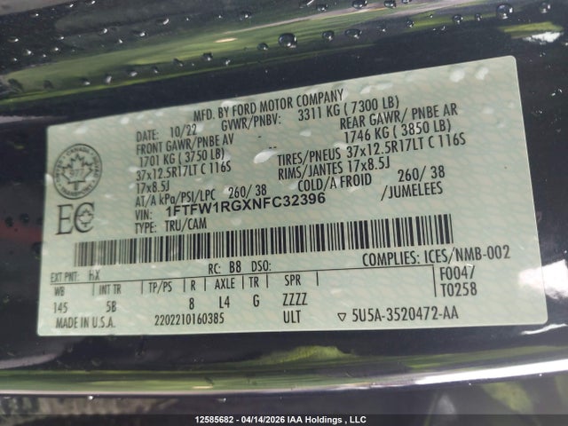 1FTFW1RGXNFC32396 Ford F150 Raptor