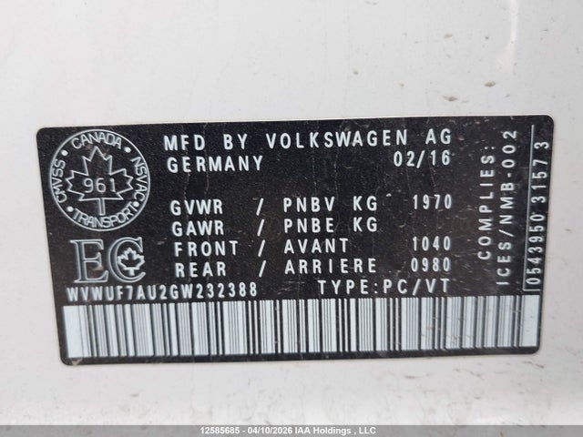 WVWUF7AU2GW232388 Volkswagen Golf R