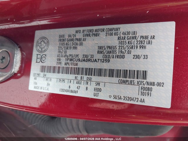 12585696 :رقم المزاد ، 1FMCU9JA0RUA71259 vin ، 2024 Ford Escape Platinum مزاد بيع
