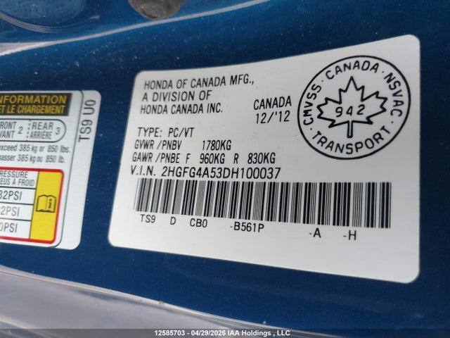 Aukcja sprzedaży 2013 Honda Civic, vin: 2HGFG4A53DH100037, numer aukcji: 12585703