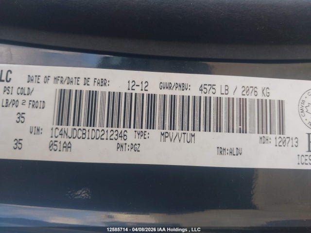 Aukcja sprzedaży 2013 Jeep Compass Limited, vin: 1C4NJDCB1DD212346, numer aukcji: 12585714