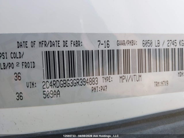 12585733 :رقم المزاد ، 2C4RDGBG3GR394883 vin ، 2016 Dodge Grand Caravan Se/sxt مزاد بيع