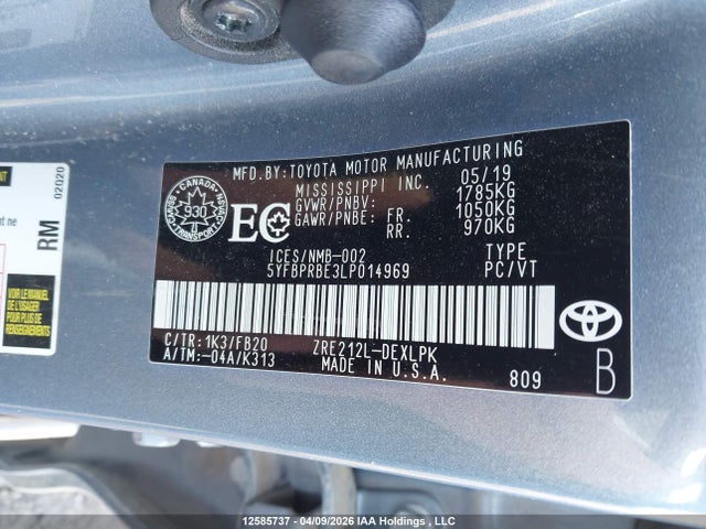 2020 Toyota Corolla Le მანქანა იყიდება აუქციონზე, vin: 5YFBPRBE3LP014969, აუქციონის ნომერი: 12585737