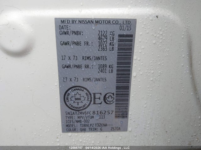 5N1AT2MV6FC816257 Nissan Rogue S/sl/sv