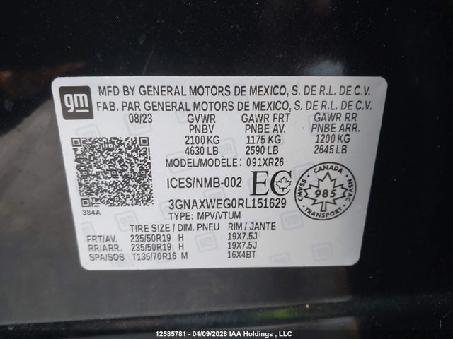 2024 Chevrolet Equinox მანქანა იყიდება აუქციონზე, vin: 3GNAXWEG0RL151629, აუქციონის ნომერი: 12585781