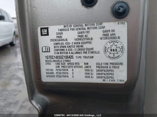 Aukcja sprzedaży 2003 Gmc New Sierra C1500, vin: 1GTEC14X93Z106425, numer aukcji: 12585793