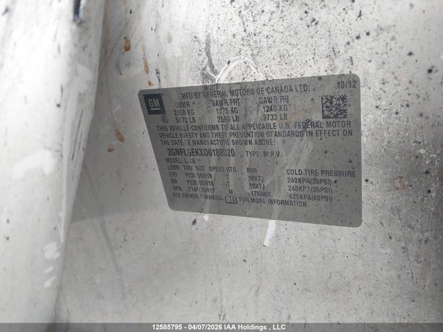 Продаж на аукціоні авто 2013 Chevrolet Equinox Ltz, vin: 2GNFLGEKXD6188020, номер лоту: 12585795