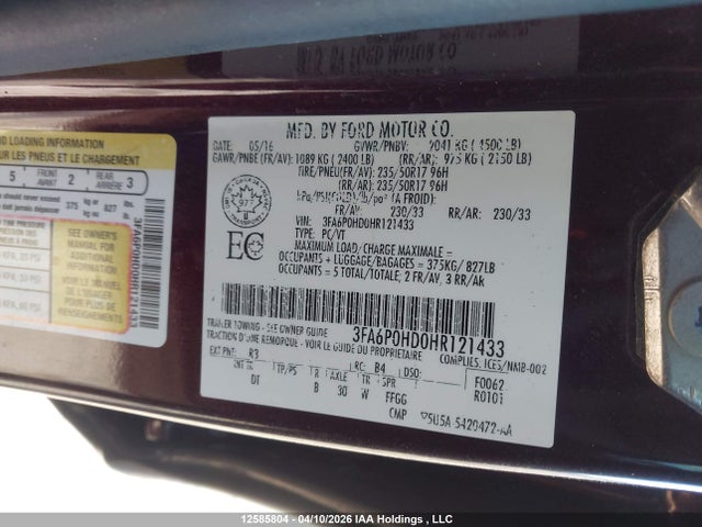 Продажа на аукционе авто 2017 Ford Fusion Se, vin: 3FA6P0HD0HR121433, номер лота: 12585804