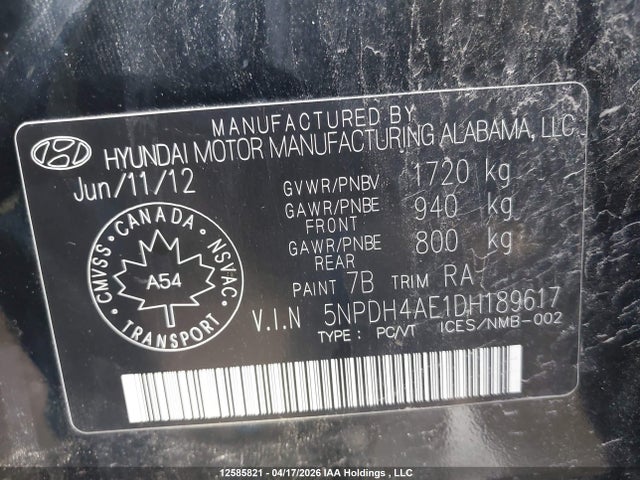 Продаж на аукціоні авто 2013 Hyundai Elantra Gls/limited, vin: 5NPDH4AE1DH189617, номер лоту: 12585821