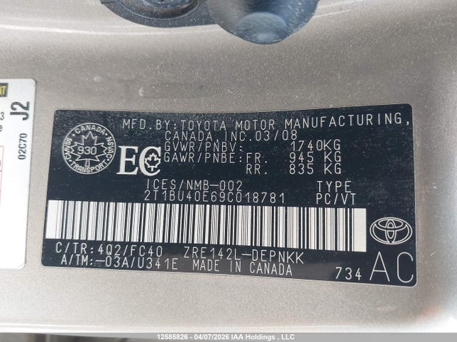 12585826 :رقم المزاد ، 2T1BU40E69C018781 vin ، 2009 Toyota Corolla Le مزاد بيع