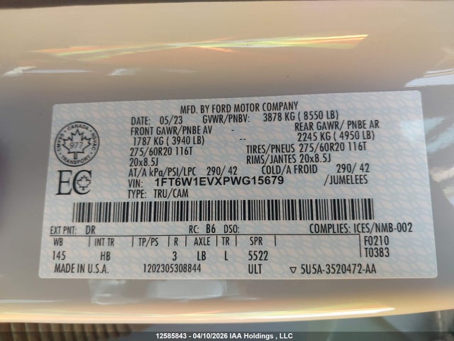 Продаж на аукціоні авто 2023 Ford F150 Lightning Pro/lightning Xlt/lightning Lariat/lightning Platinum, vin: 1FT6W1EVXPWG15679, номер лоту: 12585843