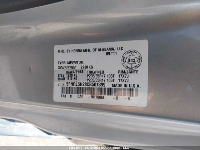 12585847 :رقم المزاد ، 5FNRL5H28CB501399 vin ، 2012 Honda Odyssey Lx مزاد بيع