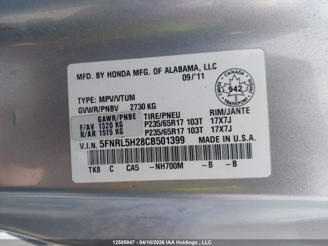12585847 :رقم المزاد ، 5FNRL5H28CB501399 vin ، 2012 Honda Odyssey Lx مزاد بيع