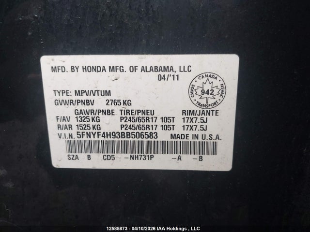 Продаж на аукціоні авто 2011 Honda Pilot Touring, vin: 5FNYF4H93BB506583, номер лоту: 12585873