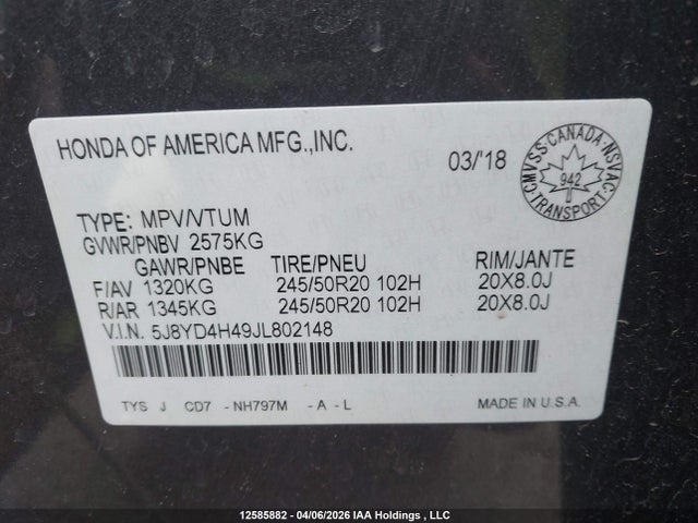 5J8YD4H49JL802148 Acura Mdx Navi
