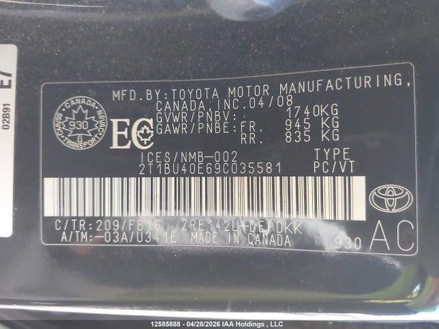 12585888 :رقم المزاد ، 2T1BU40E69C035581 vin ، 2009 Toyota Corolla S/le/xle مزاد بيع