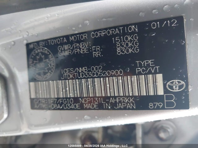 12585889 :رقم المزاد ، JTDKTUD33CD520900 vin ، 2012 Toyota Yaris Le مزاد بيع