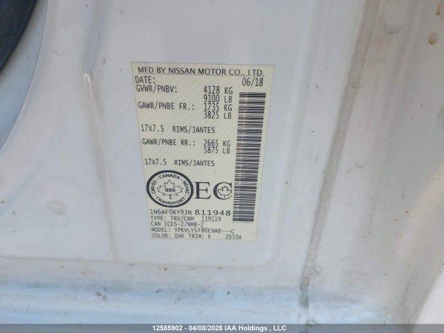 12585902 :رقم المزاد ، 1N6AF0KY9JN811948 vin ، 2018 Nissan Nv 2500 S/sv/2500 Sl/s/sv/sl مزاد بيع