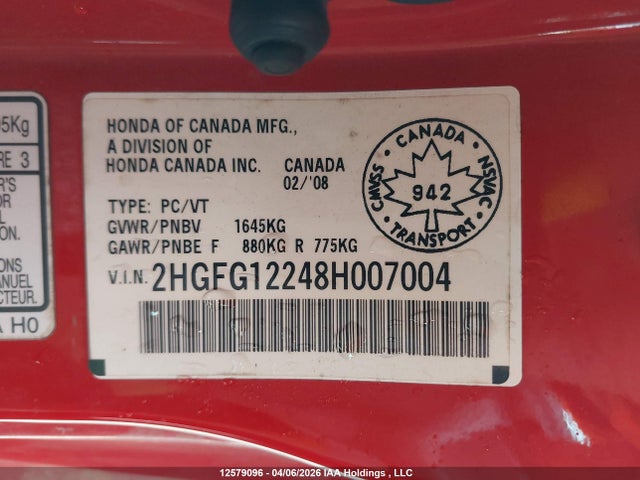 2008 Honda Civic Dx/dx-a მანქანა იყიდება აუქციონზე, vin: 2HGFG12248H007004, აუქციონის ნომერი: 12579096