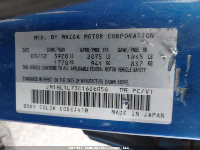 Aukcja sprzedaży 2012 Mazda Mazda3 Gs-sky, vin: JM1BL1L73C1626056, numer aukcji: 12581664