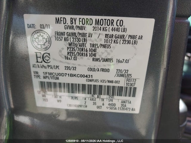 Продажа на аукционе авто 2011 Ford Escape Xlt, vin: 1FMCU0D71BKC00431, номер лота: 12585910