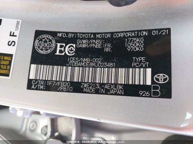 2021 Toyota Corolla მანქანა იყიდება აუქციონზე, vin: JTDBAMDE8MJ023481, აუქციონის ნომერი: 12585914