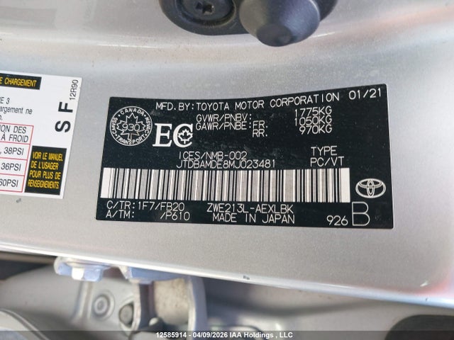 2021 Toyota Corolla მანქანა იყიდება აუქციონზე, vin: JTDBAMDE8MJ023481, აუქციონის ნომერი: 12585914