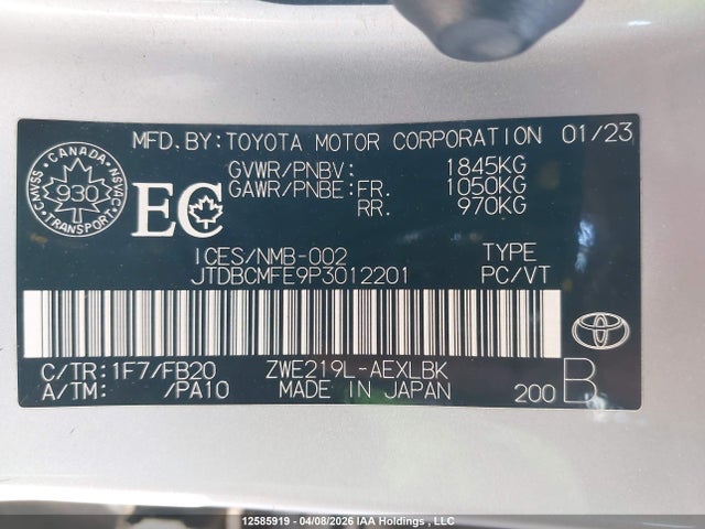 2023 Toyota Corolla Hybrid Le მანქანა იყიდება აუქციონზე, vin: JTDBCMFE9P3012201, აუქციონის ნომერი: 12585919