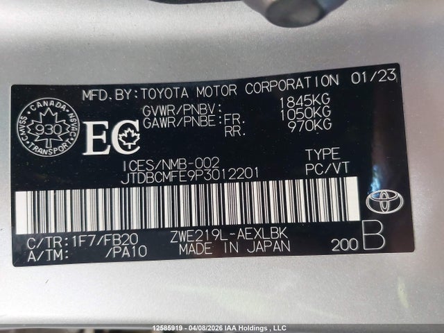 2023 Toyota Corolla Hybrid Le მანქანა იყიდება აუქციონზე, vin: JTDBCMFE9P3012201, აუქციონის ნომერი: 12585919