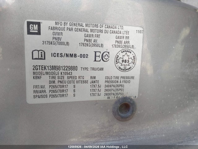 12585926 :رقم المزاد ، 2GTEK13M981229880 vin ، 2008 Gmc Sierra 1500 Sle/slt/wt مزاد بيع
