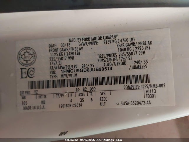 Продажа на аукционе авто 2018 Ford Escape, vin: 1FMCU9GD6JUB90519, номер лота: 12585932