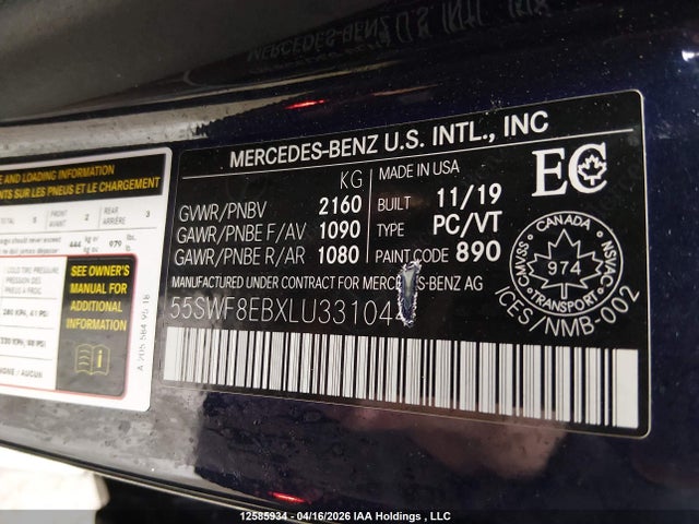 12585934 :رقم المزاد ، 55SWF8EBXLU331044 vin ، 2020 Mercedes-benz C 300 4matic مزاد بيع