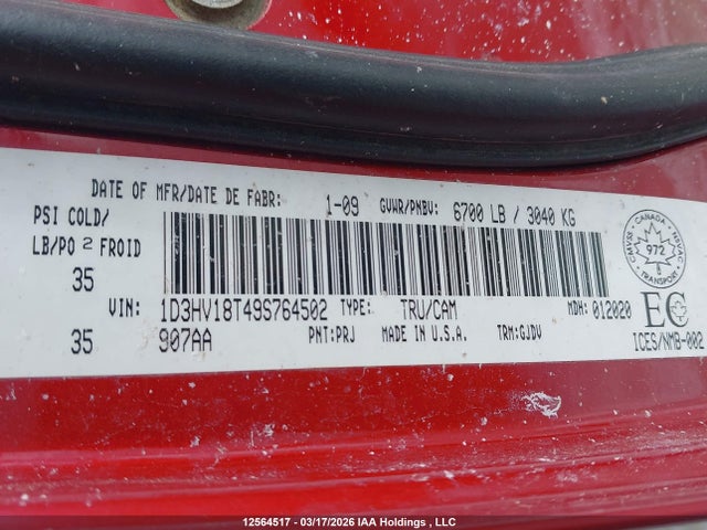 12564517 :رقم المزاد ، 1D3HV18T49S764502 vin ، 2009 Dodge Ram 1500 Laramie مزاد بيع
