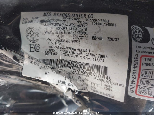 Продажа на аукционе авто 2008 Ford Mustang Gt, vin: 1ZVHT85H485170946, номер лота: 12573038