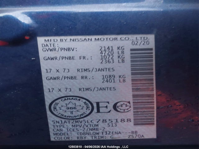 Продаж на аукціоні авто 2020 Nissan Rogue S/sl/sv, vin: 5N1AT2MV5LC785188, номер лоту: 12503810