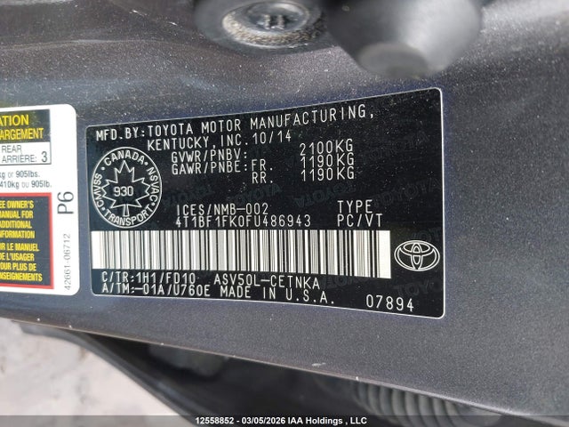 Aukcja sprzedaży 2015 Toyota Camry Le, vin: 4T1BF1FK0FU486943, numer aukcji: 12558852