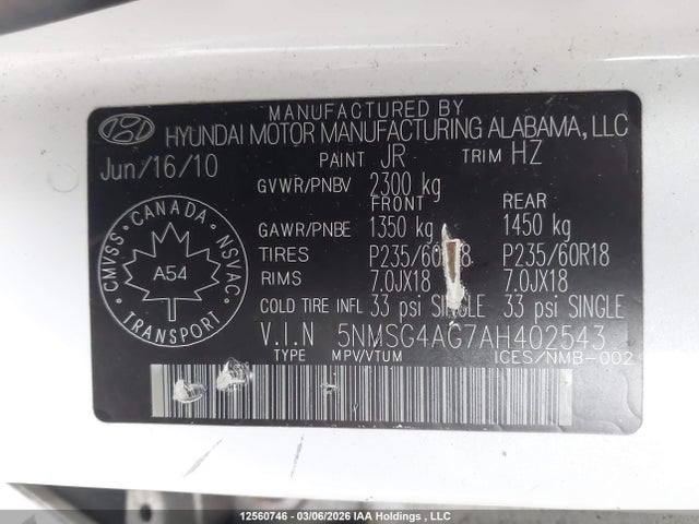 12560746 :رقم المزاد ، 5NMSG4AG7AH402543 vin ، 2010 Hyundai Santa Fe Gl 3.5 Sport مزاد بيع