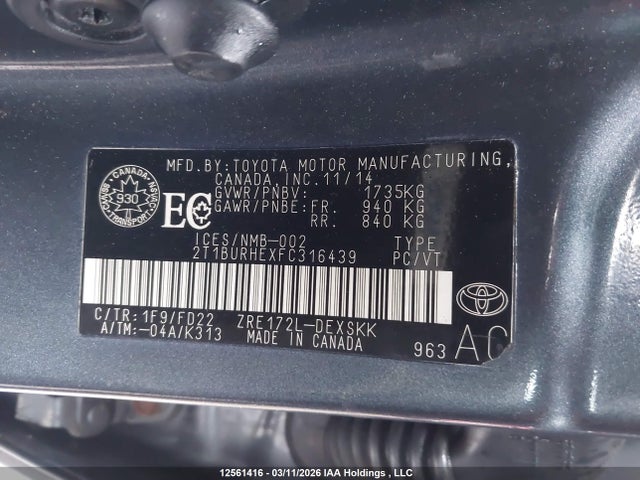 12561416 :رقم المزاد ، 2T1BURHEXFC316439 vin ، 2015 Toyota Corolla S مزاد بيع