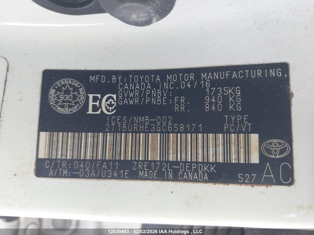 2T1BURHE3GC658171 Toyota COROLLA CE
