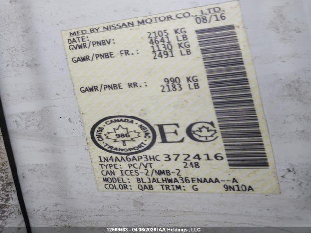 1N4AA6AP3HC372416 Nissan Maxima Platinum/s/sl/sr/sv