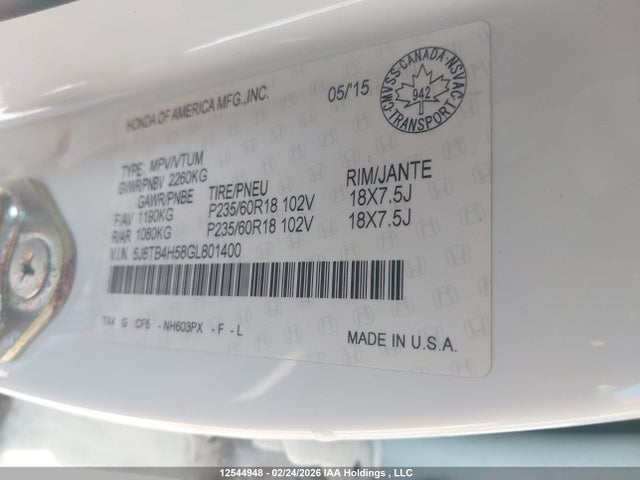5J8TB4H58GL801400 Acura Rdx Tech Package