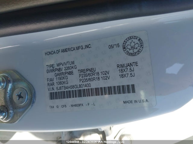 5J8TB4H58GL801400 Acura Rdx Tech Package