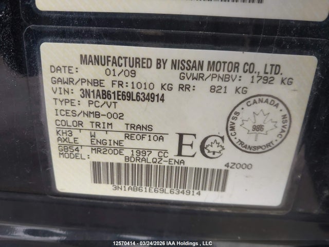Aukcja sprzedaży 2009 Nissan Sentra 2.0, vin: 3N1AB61E69L634914, numer aukcji: 12570414