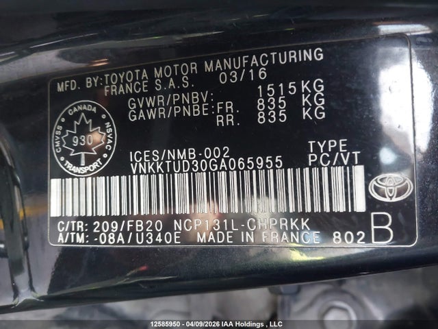 Aukcja sprzedaży 2016 Toyota Yaris L/le/se, vin: VNKKTUD30GA065955, numer aukcji: 12585950