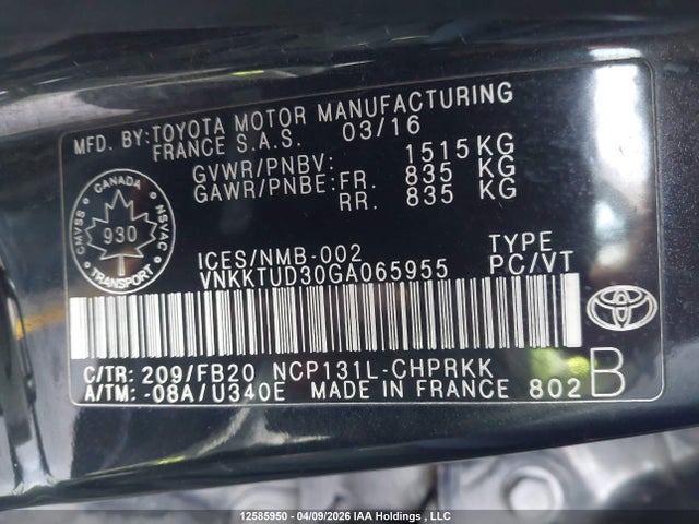 Aukcja sprzedaży 2016 Toyota Yaris L/le/se, vin: VNKKTUD30GA065955, numer aukcji: 12585950