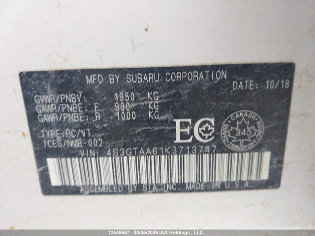 12546557 :رقم المزاد ، 4S3GTAA61K3713747 vin ، 2019 Subaru Impreza Convenience مزاد بيع