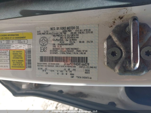 Продажа на аукционе авто 2013 Ford Fusion Titanium, vin: 3FA6P0D94DR166029, номер лота: 12585968