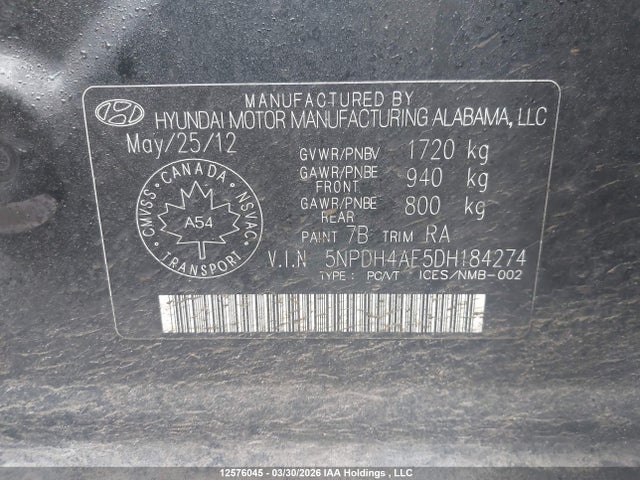 12576045 :رقم المزاد ، 5NPDH4AE5DH184274 vin ، 2013 Hyundai Elantra Gl مزاد بيع