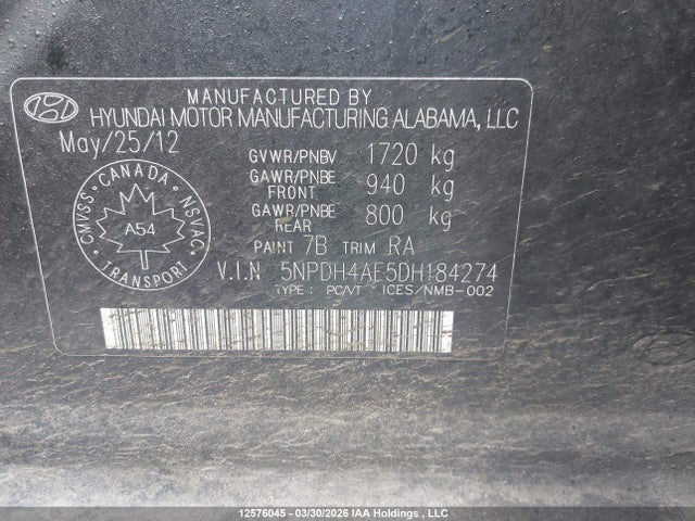 12576045 :رقم المزاد ، 5NPDH4AE5DH184274 vin ، 2013 Hyundai Elantra Gl مزاد بيع