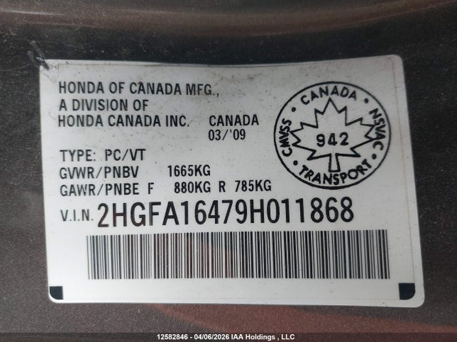 2009 Honda Civic Dx-g მანქანა იყიდება აუქციონზე, vin: 2HGFA16479H011868, აუქციონის ნომერი: 12582846